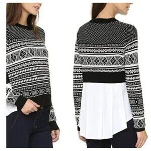 Veronica Beard Black White Fair Isle Mixed Media Pleat Back Sweater Sz L
